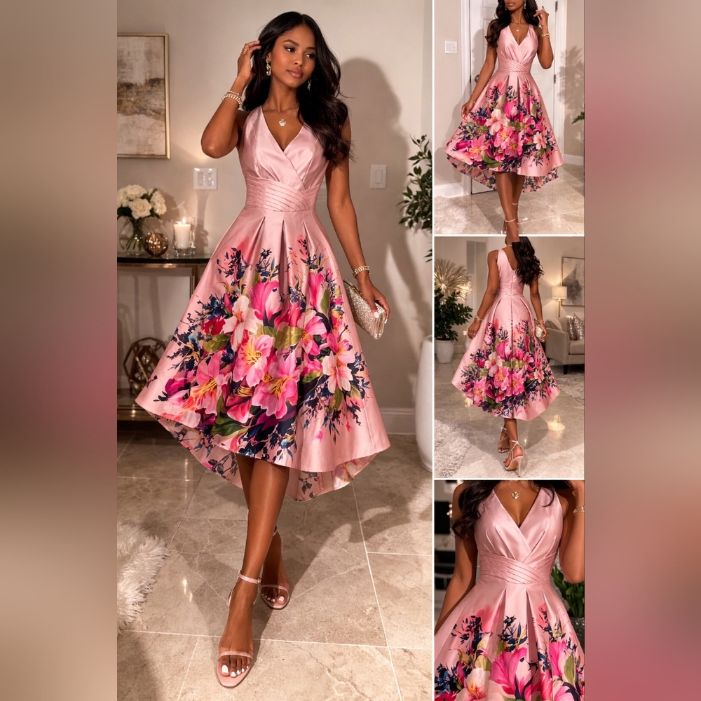 Kay Unger Pink Floral V-Neck Fit-and-Flare Midi Dress